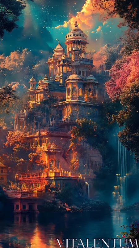 Sunlit tiered citadel rising over misty enchanted waters.