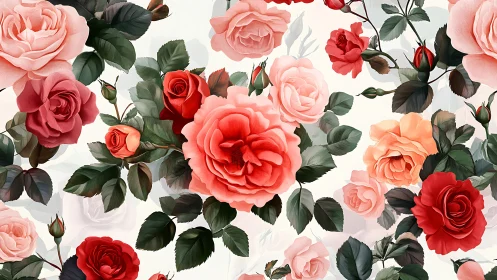 Digital illustration of layered roses in coral, pink, and red tones against neutral background.