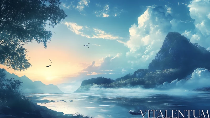 Misty dawn lagoon cradling emerald mountains in hush.