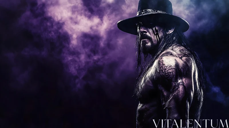 Darkly lit muscular man in hat against purple smoke backdrop.