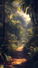 Luminous tropical canopy with radiant sunburst through dense rainforest