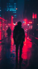 Silhouette on rainy neon city street at night, backlit figure.