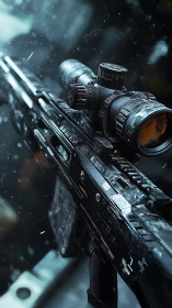 Tactical Rifle Scope in Snowy Combat Scene.
