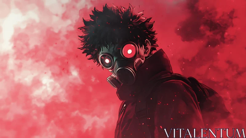 Anime gasmask vigilante in red atmospheric backlit portrait.