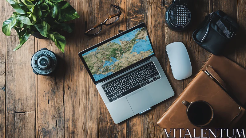 Laptop with map display on wooden desk with work items.