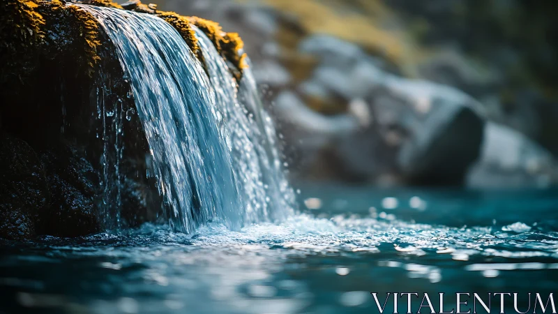 Close-up view of small waterfall over dark rock ledge.