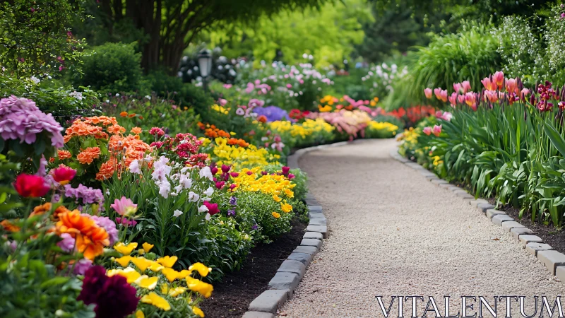 Pathway Through Garden Beds With Diverse Flowering Plants and Hardscape