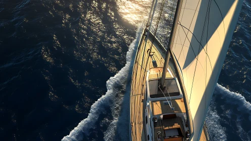 Sunstruck sailboat carving molten paths across deep sea.