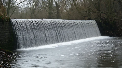 Low-head river weir with uniform laminar overflow and winter trees