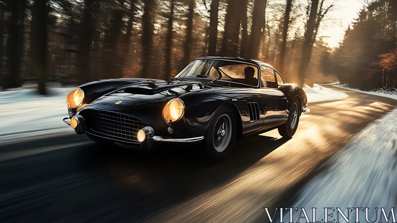 Classic black sports car powers through a sunlit winter road.