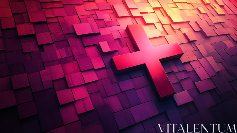 Red 3D plus symbol over magenta geometric tile grid.