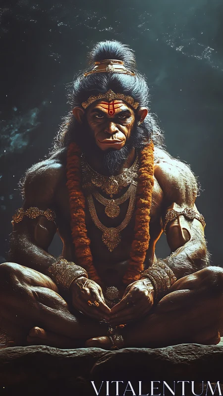 Mythic monkey warrior deity in meditative seated pose.