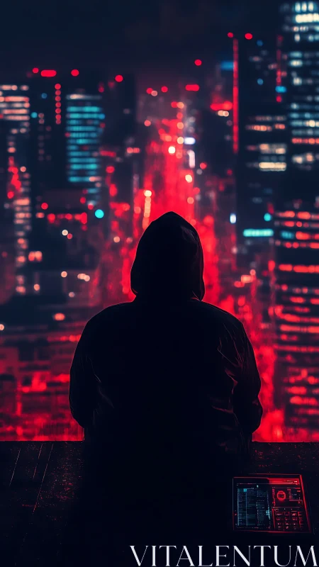 Hooded watcher rewires a neon river of city light below