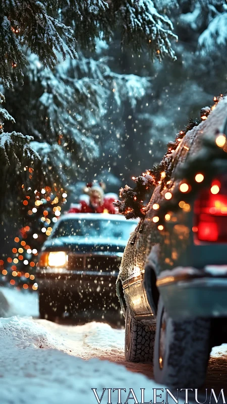 Snow-covered forest road shows cars with winter lighting