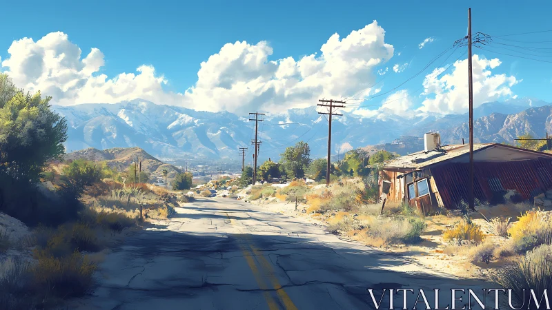 Sunlit desert road toward distant snowcapped mountains.