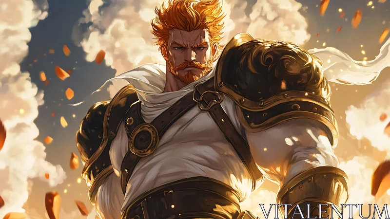 Golden-haired armored warrior stands amid blazing skies.