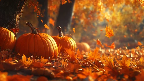 Pumpkins rest on forest ground amid airborne autumn leaves