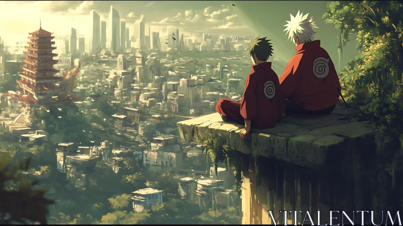 Two cloaked figures overlook overgrown city and distant skyline