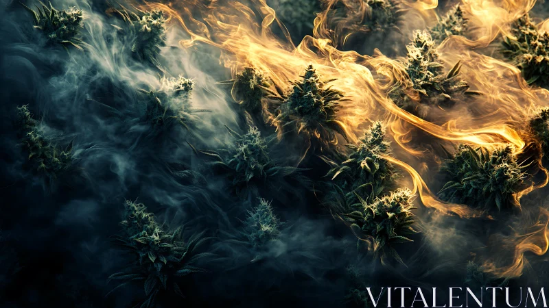 Flaming forest of emerald buds in swirling mystic smoke.