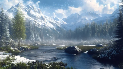 Snow-covered alpine river valley with conifer forest panorama.