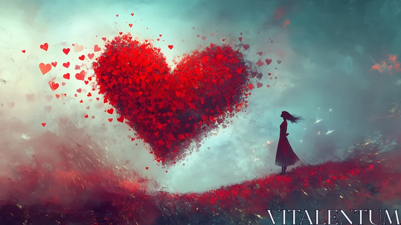 Woman Gazing at Shattered Red Heart Made of Hearts.