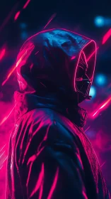 Hooded neon figure in dark cyberpunk lighting profile.