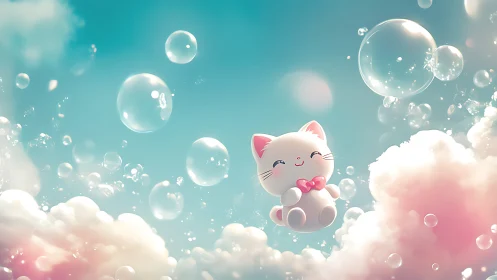 A Joyful Calico Cat Floats Through Dreamy Clouds and Bubbles
