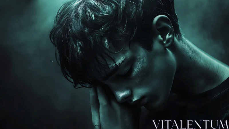 Quiet teal portrait of reflective boy in soft moody light.