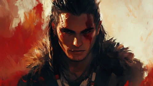 Scarred warrior leans into firelit dusk, eyes burning quieter