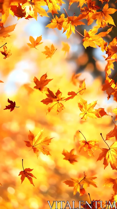 Golden maple leaves drift through glowing autumn light
