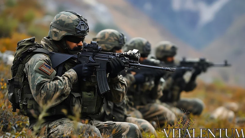 Infantry fireteam in camouflaged combat gear, mountain patrol