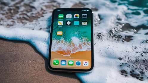 iPhone X displayed on wet beach sand with ocean waves as dynamic background.