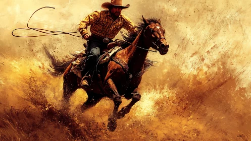 Dynamic cowboy on galloping horse amid high-velocity dust spray