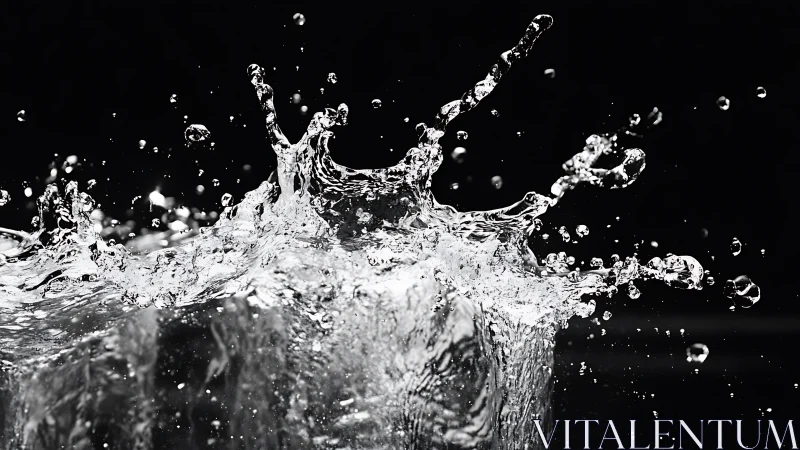 Crystalline water splash freezes motion in stark black space