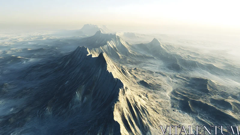 Aerial-rendered glacial ridge chain under low-angle volumetric light