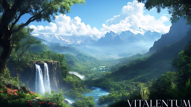 Peaceful mountain valley with bright waterfall and river view.