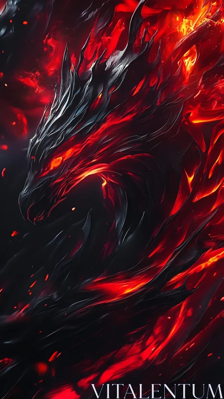 Digital painting of infernal dragon in molten ribbon composition.