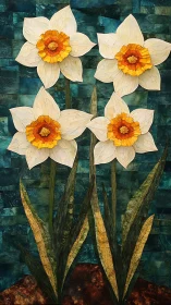 Four Daffodils with Vibrant Centers Against Textured Teal Mosaic.