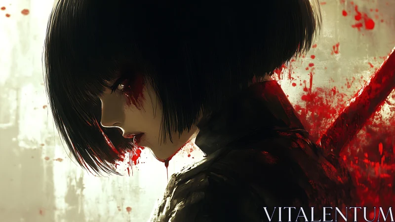 Bloodstained swordswoman in profile against pale light.