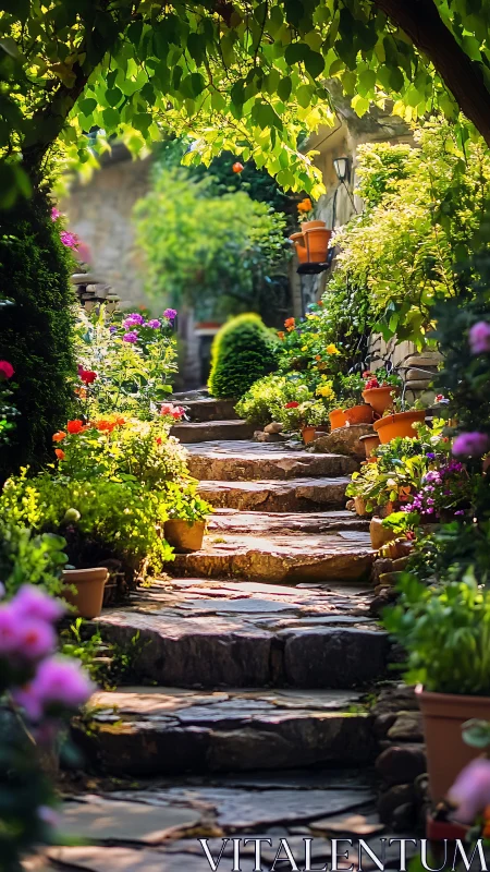 Stone terrace stairway through densely layered cottage flora.