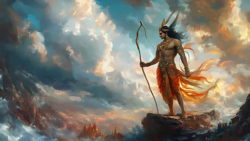 Mythic archer figure on rocky cliff with dramatic sky backdrop.