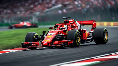 Red Formula 1 car powerfully attacks a fast circuit corner.