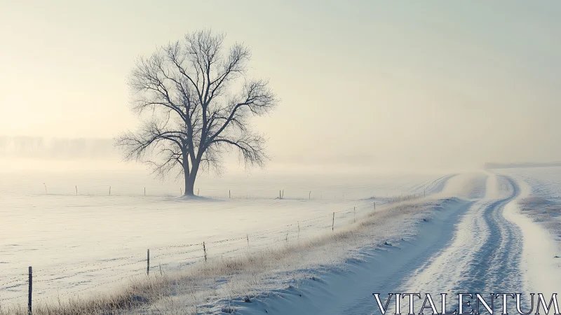 Lonely tree and snow covered country road in winter fog.