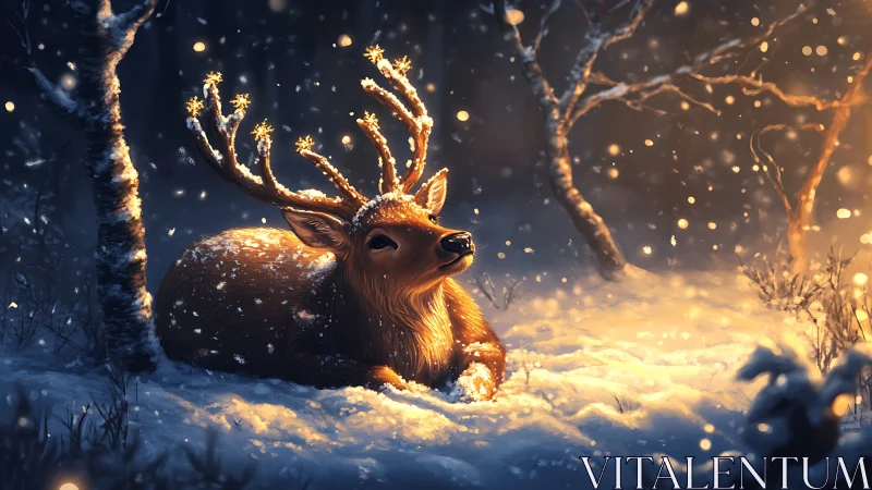 Resting deer in softly lit snowy winter forest scene.
