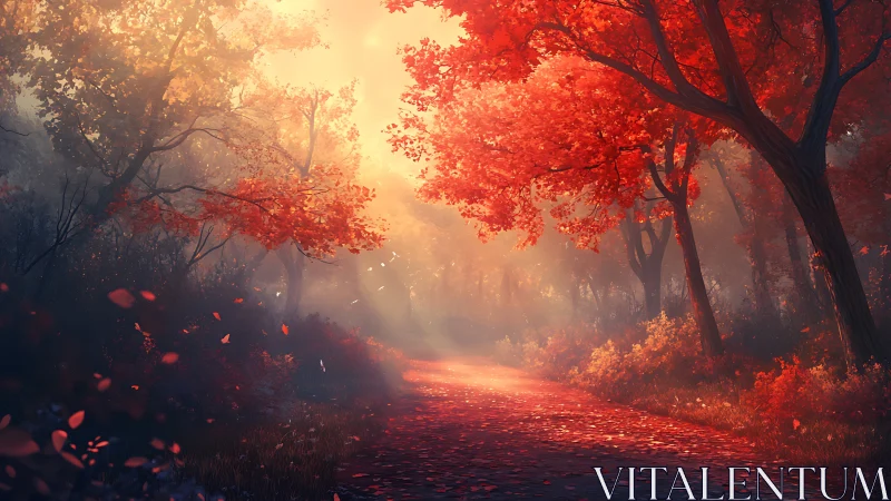 Crimson Canopy: Where Autumn's Fire Meets Mystical Mist.