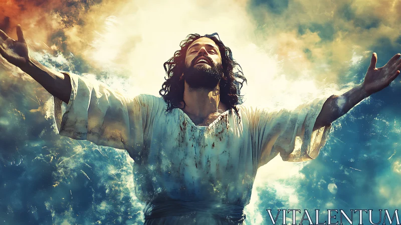 Robe-clad figure with raised arms amid luminous clouds.