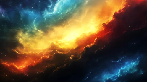 Multicolored nebula-like cloud formations span a dark space