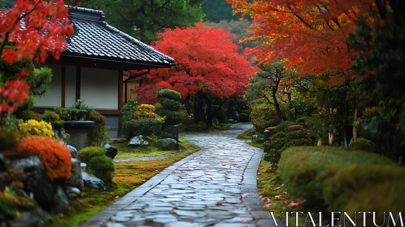 Stone path extends through landscaped garden with autumn foliage