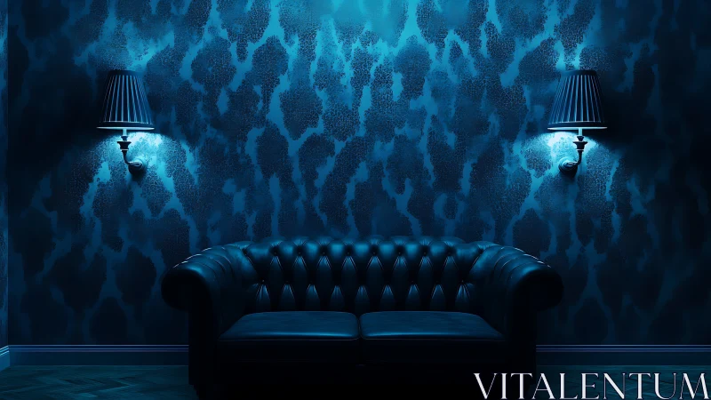 Moody blue lounge sofa glows under twin wall sconces.