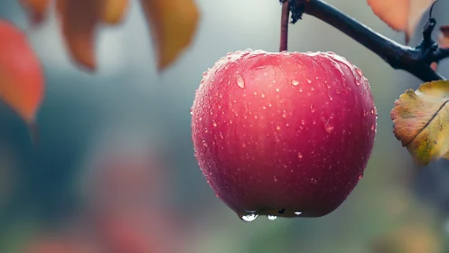 Ripe red apple hangs from branch after gentle autumn rain.